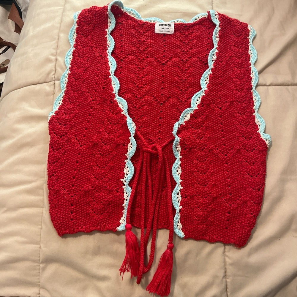 Cotton On Red Crochet Cardigan with Blue Trim